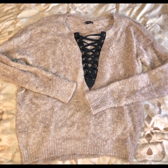 Express Mauve Fuzzy Lace Up Sweater - Picture 2 of 4